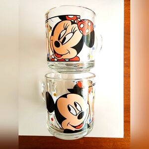 Vintage Disney Mickey Minnie Anchor Hocking Glass Mugs Cups Set of 2